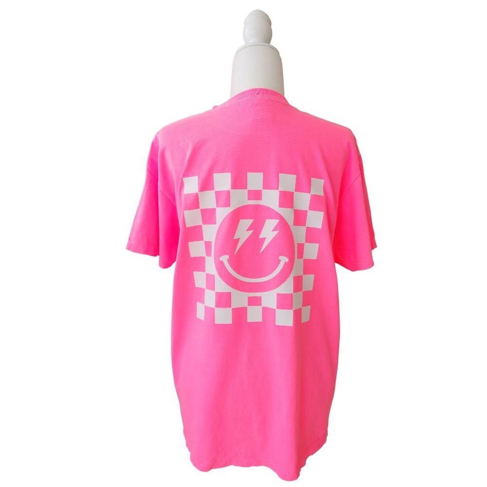 Neon Pink Smiley Face Checkerboard Lightning Bolt T-Shirt - Picture 8 of 10